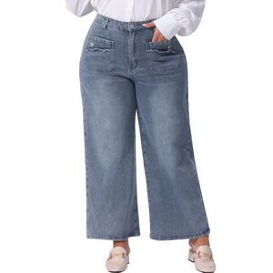 Plus Size Jeans Wide Leg Stretch Washed Denim Palazzo Pants Grey Blue